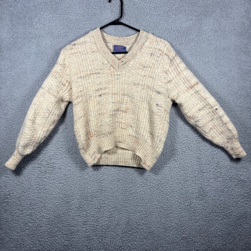 Pendleton Vintage V-Neck Wool Sweater Cream Flecked Ribbed Knit Made in USA M